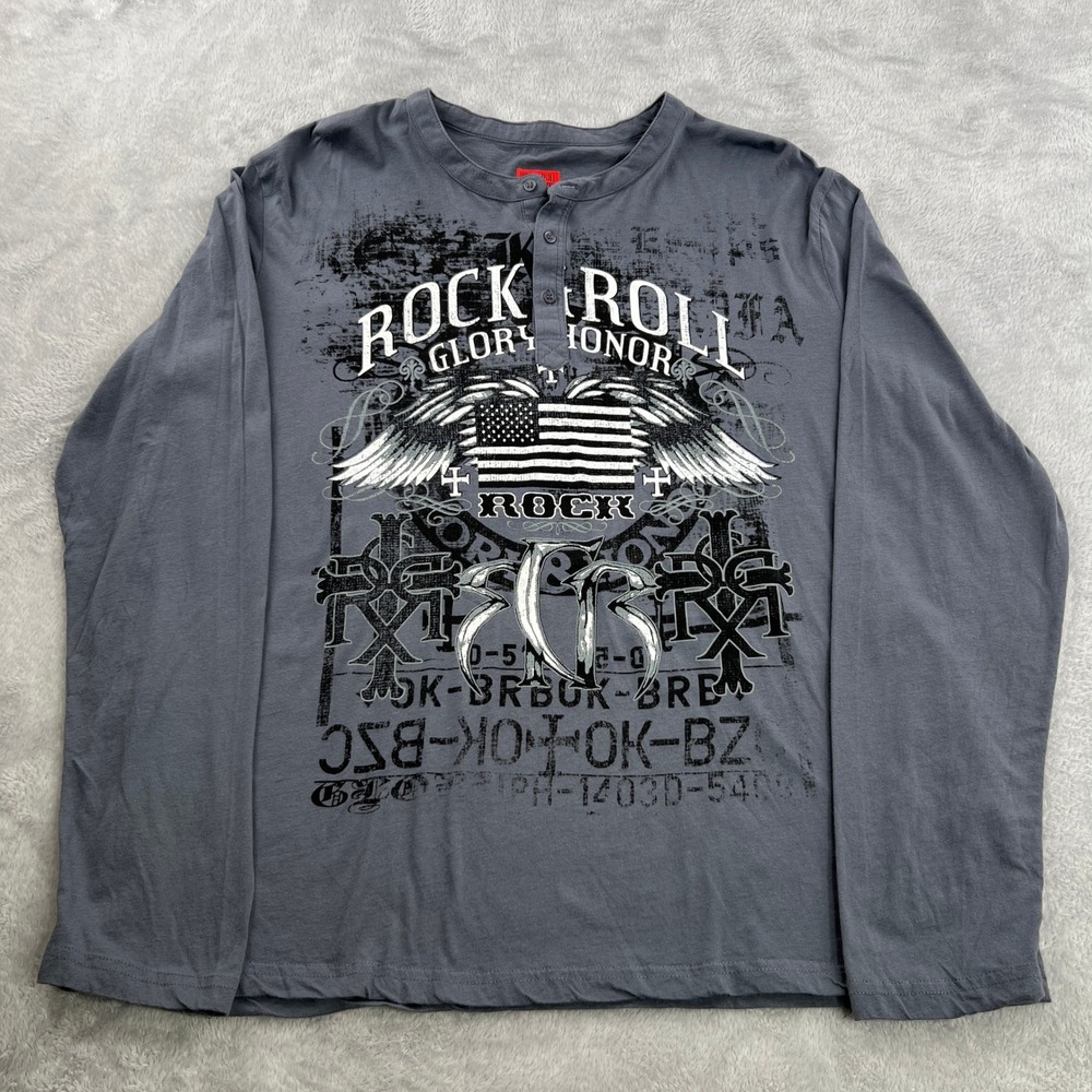 Rock & Roll Cowboy Graphic Henley XL Grey Men Long Sleeve Biker Western P8-2107